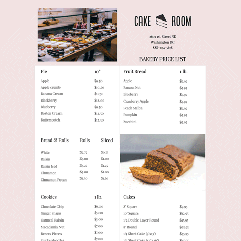 Bakery Menu Price List